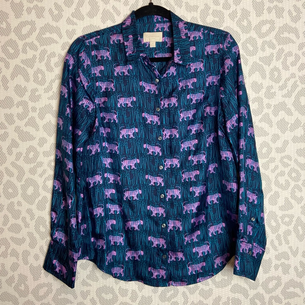 J. Crew Teal Button-Up Blouse with Pink Tiger Print - Picture 2 of 11